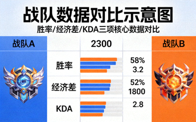 战队数据对比示意图，展示胜率、经济差、KDA等数据对比